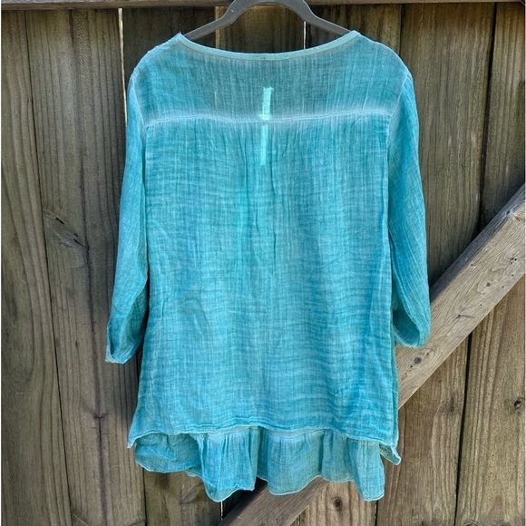 Hannah Boho Gauzy Textured Aqua Blue Lace Front Lined Cropped Sleeve Blouse - Picture 7 of 7